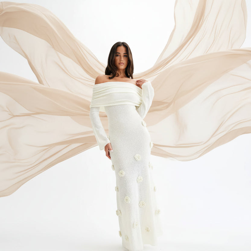Off Shoulder Knit Rose Maxi Dress